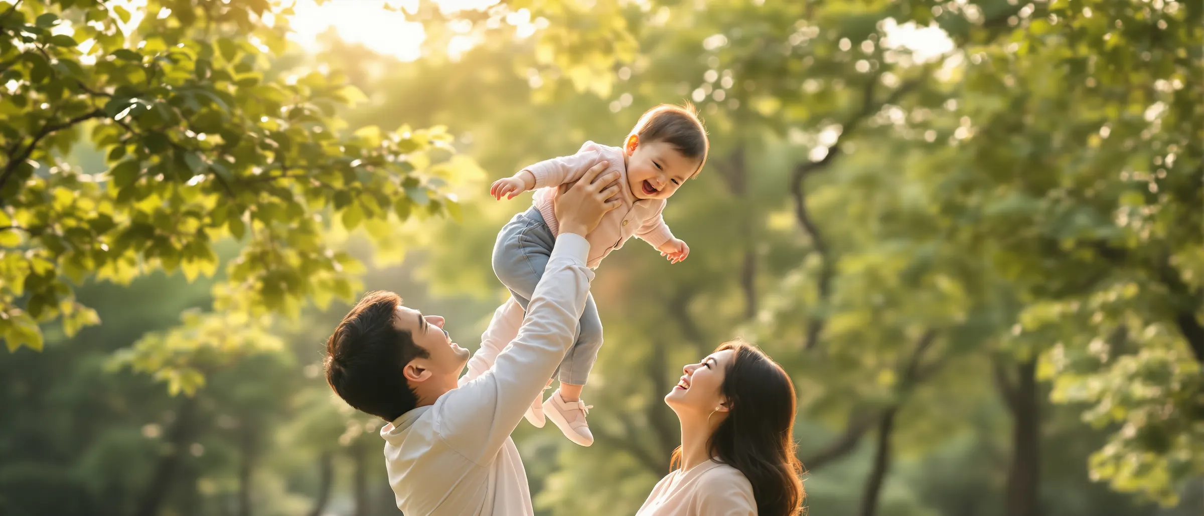 爸爸在公園把笑著的幼兒高高舉起，媽媽在旁微笑