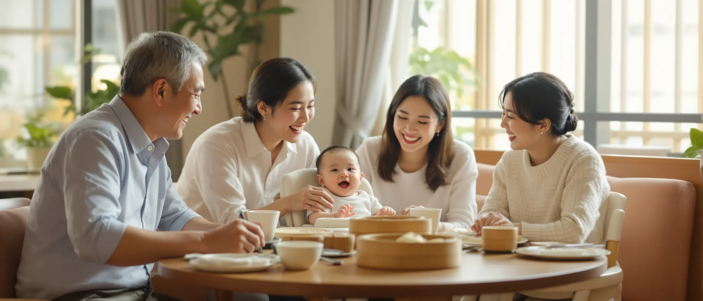 三代同堂在酒樓飲茶，寶寶坐在高椅上開懷大笑